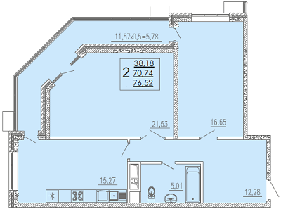 Планировка 2-комнатная, 76.52 м²