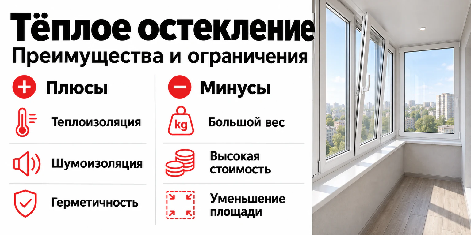 Инфографика: Тёплое остекление балкона: плюсы и минусы