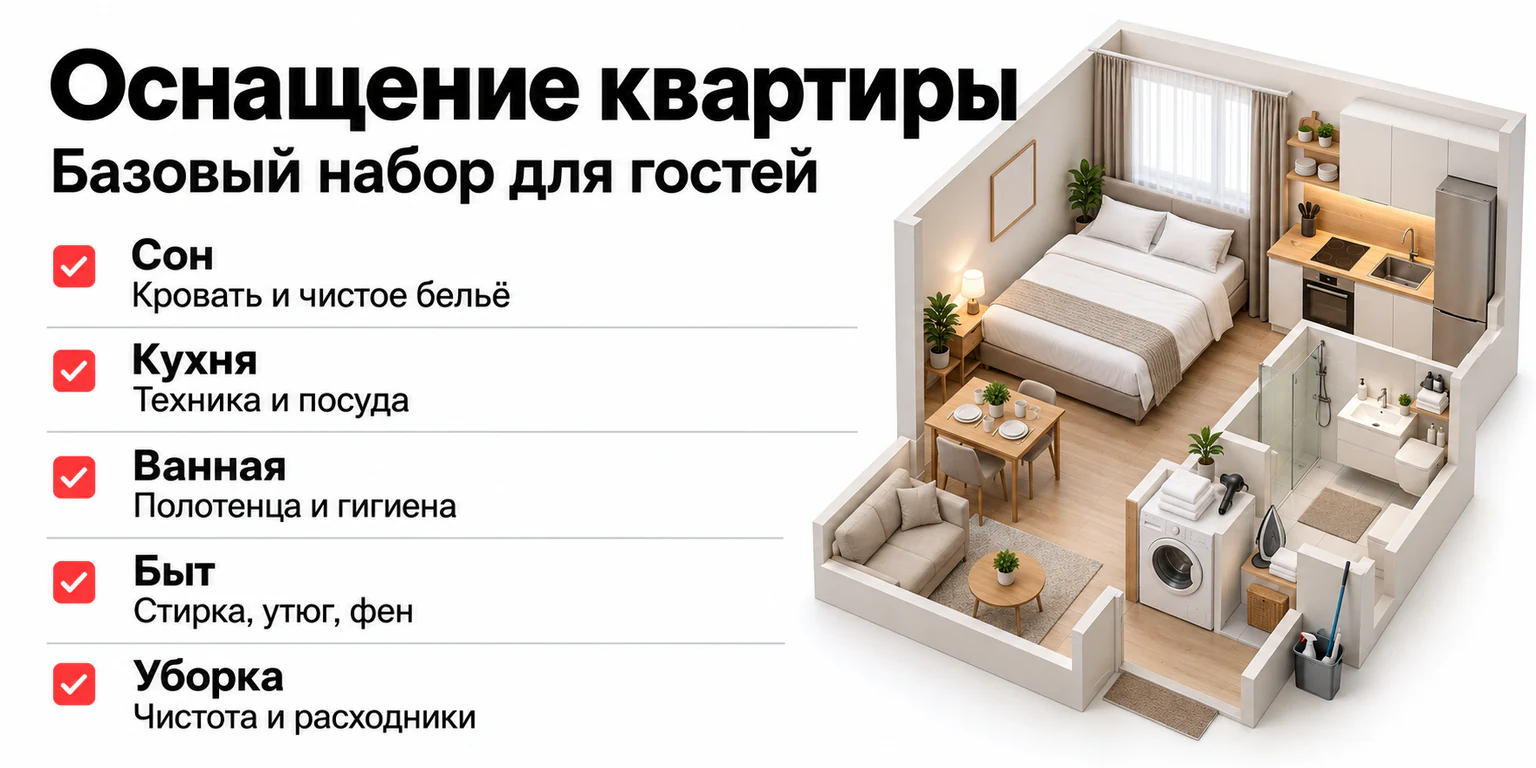 Оснащение посуточной квартиры: кровать и чистое бельё, кухонная техника и посуда, полотенца, бытовая техника и средства уборки