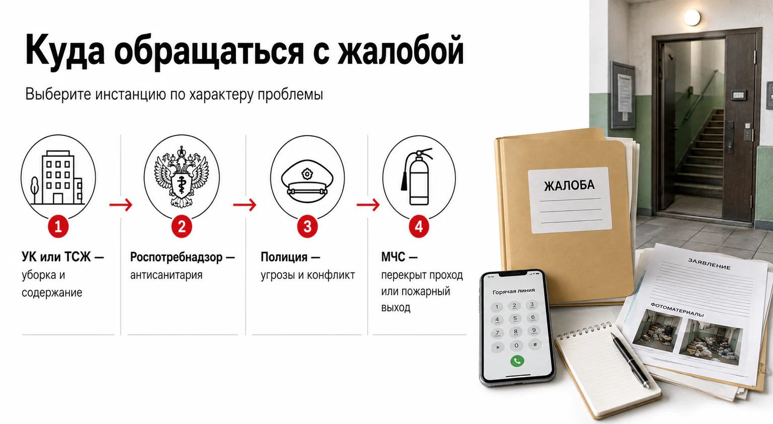 Инфографика: куда обращаться с жалобой на мусор в подъезде