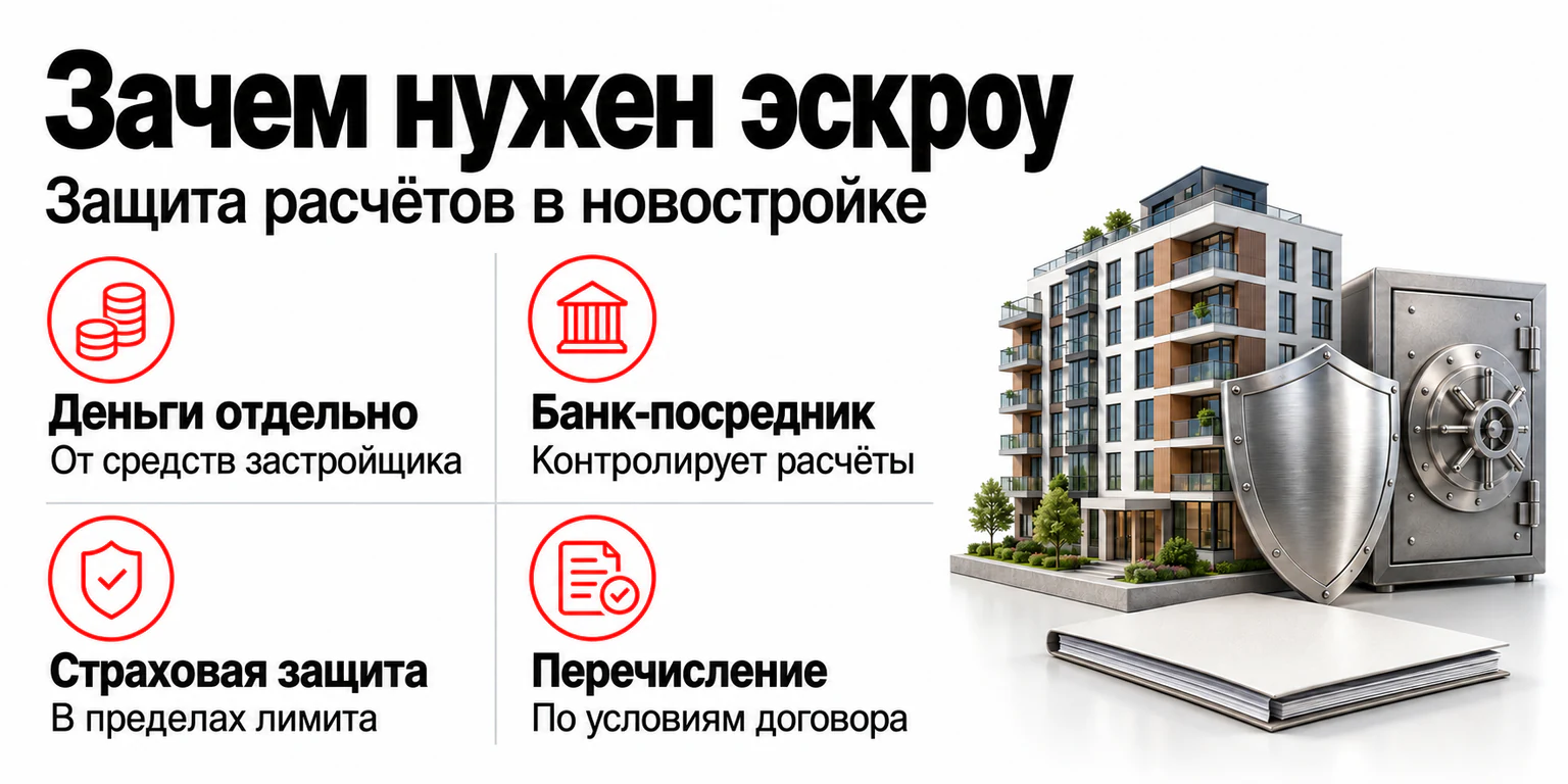 Преимущества эскроу: отдельное хранение денег, банк-посредник, страховая защита и перечисление по условиям договора