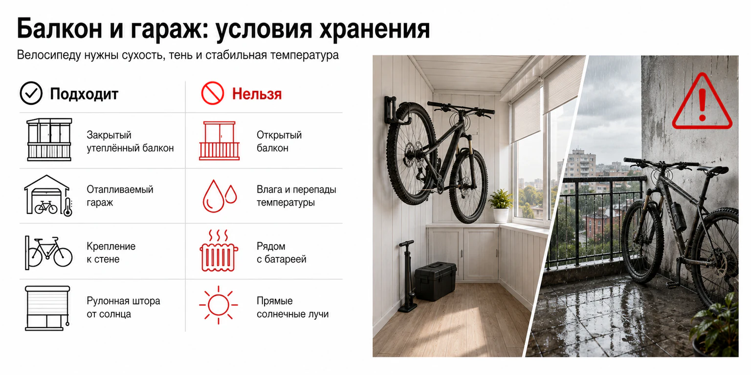 Инфографика: условия хранения велосипеда на балконе и в гараже