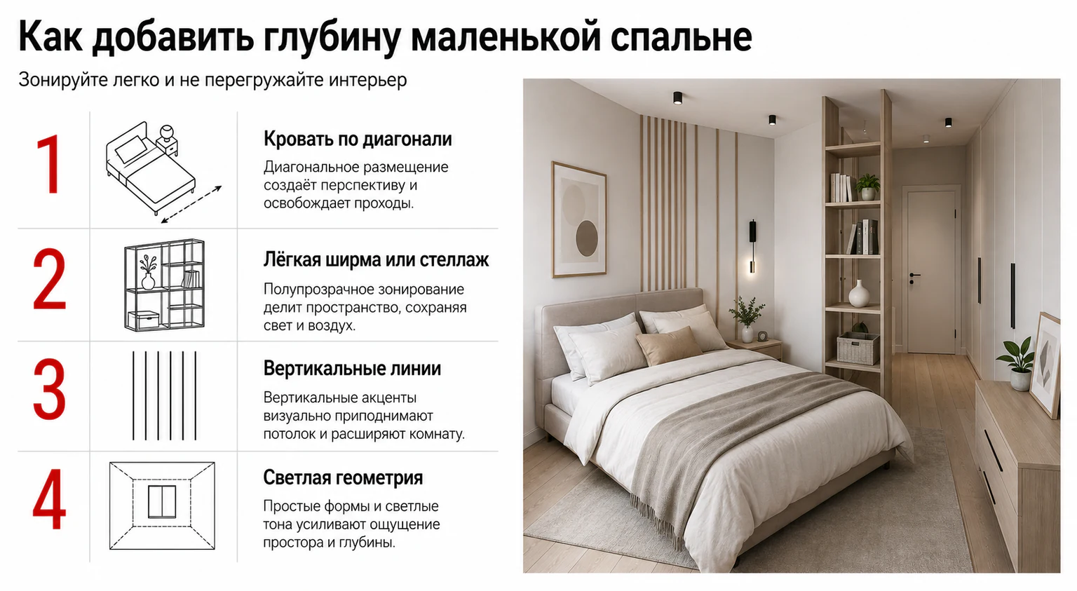 Инфографика: зонирование и визуальные приёмы для маленькой спальни