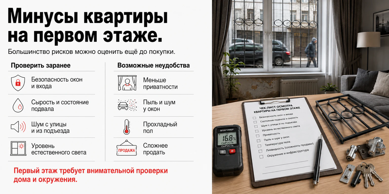 Инфографика: недостатки и риски квартиры на первом этаже