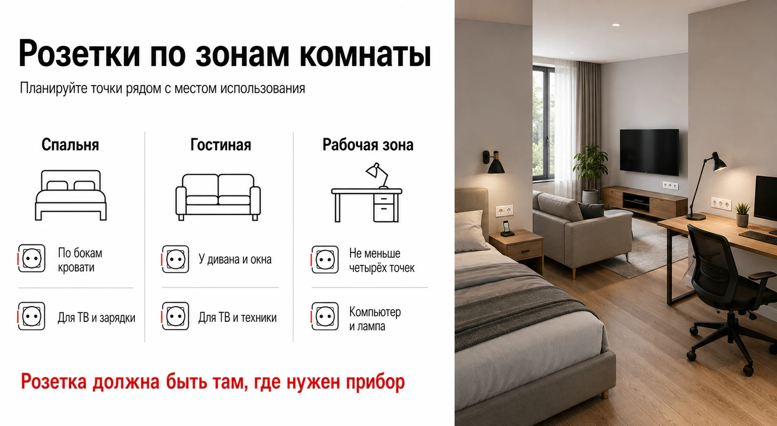 Инфографика: размещение розеток по зонам комнаты