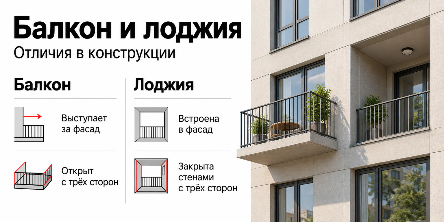 Инфографика: отличия балкона от лоджии по расположению и ограждению