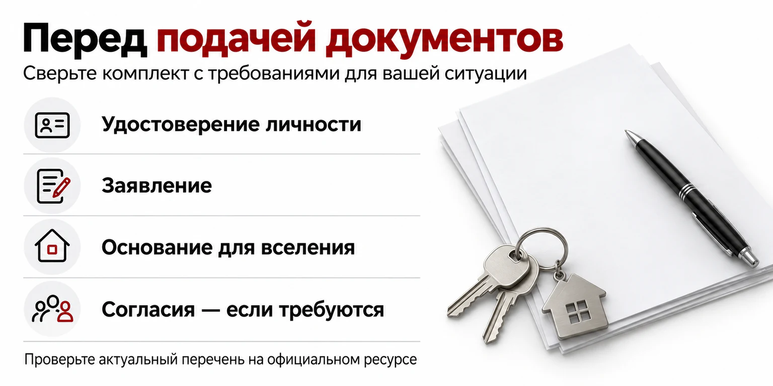 Общий список категорий документов для проверки: удостоверение личности, заявление, основание для вселения и согласия, если требуются.