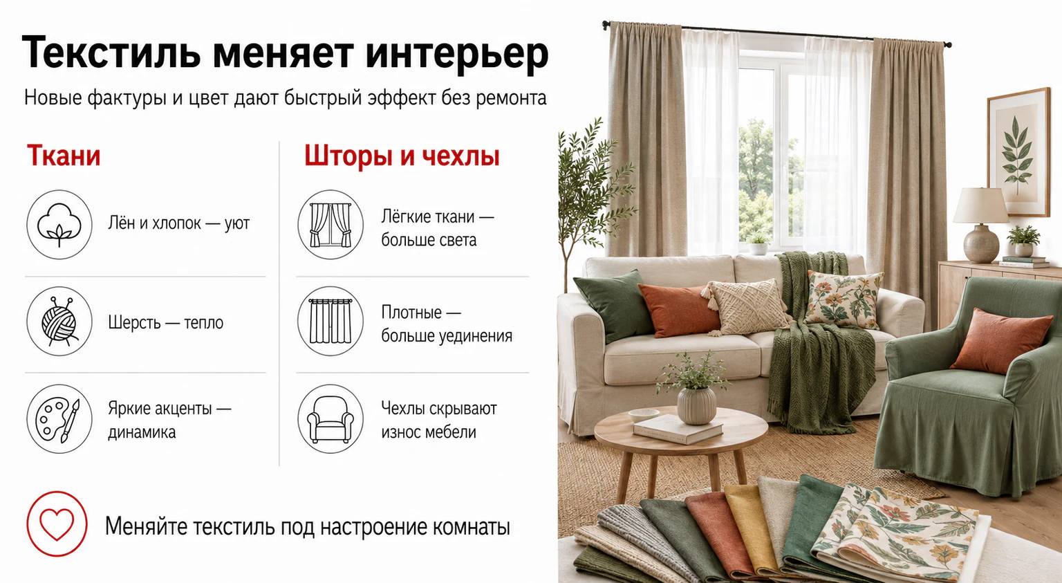 Инфографика: как текстиль меняет интерьер без ремонта