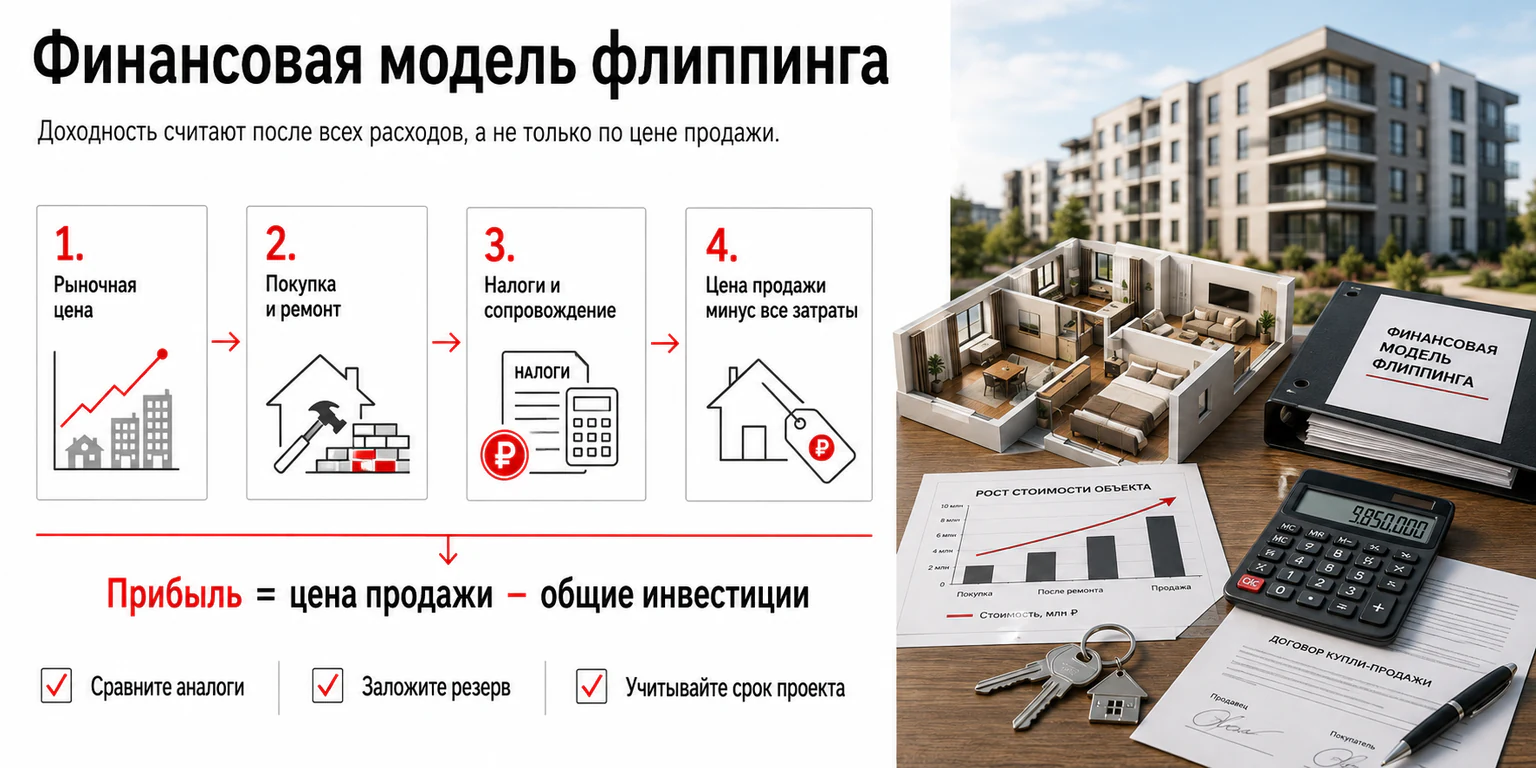 Инфографика: финансовая модель и расчёт прибыли флиппинга