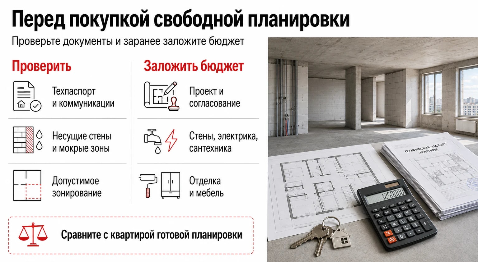 Инфографика: что проверить перед покупкой квартиры со свободной планировкой Инфографика: что проверить перед покупкой квартиры со свободной планировкой