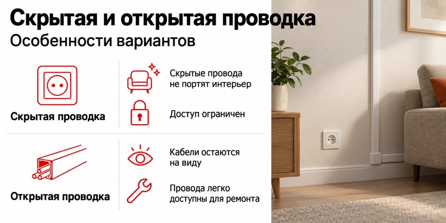 Инфографика: скрытая и открытая проводка — особенности вариантов