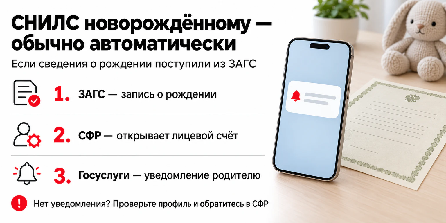 Как СФР автоматически оформляет СНИЛС новорождённому: последовательность от записи ЗАГС до уведомления родителю на Госуслугах.