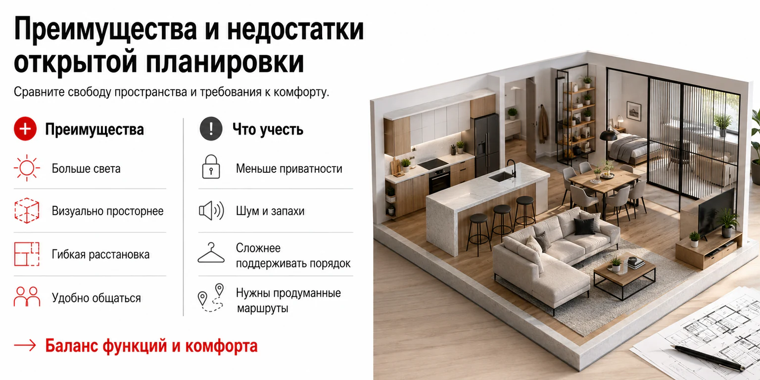 Инфографика: преимущества и недостатки открытой планировки