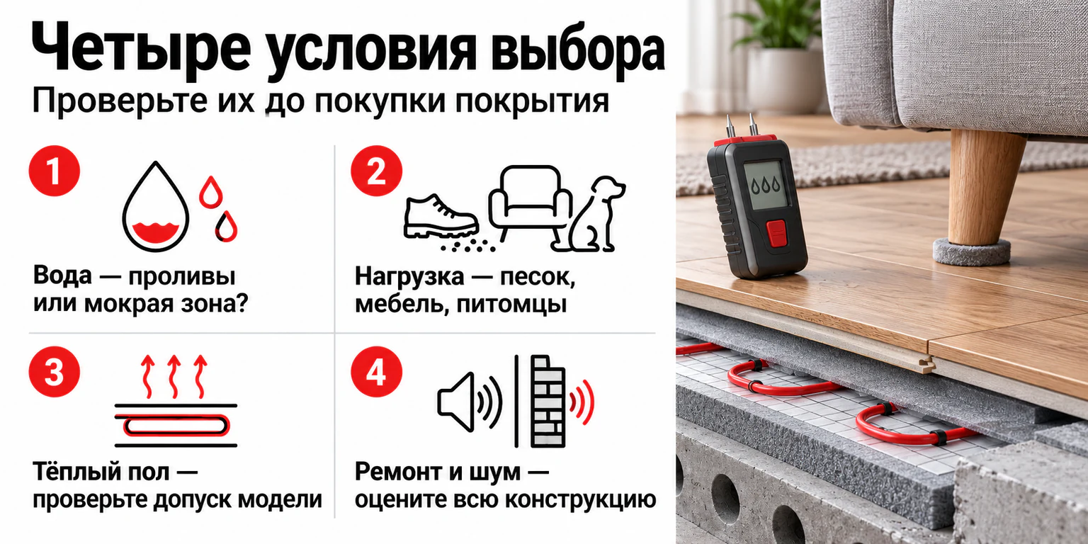 Инфографика: четыре фактора выбора пола — вода, нагрузка, тёплый пол, шум и ремонт