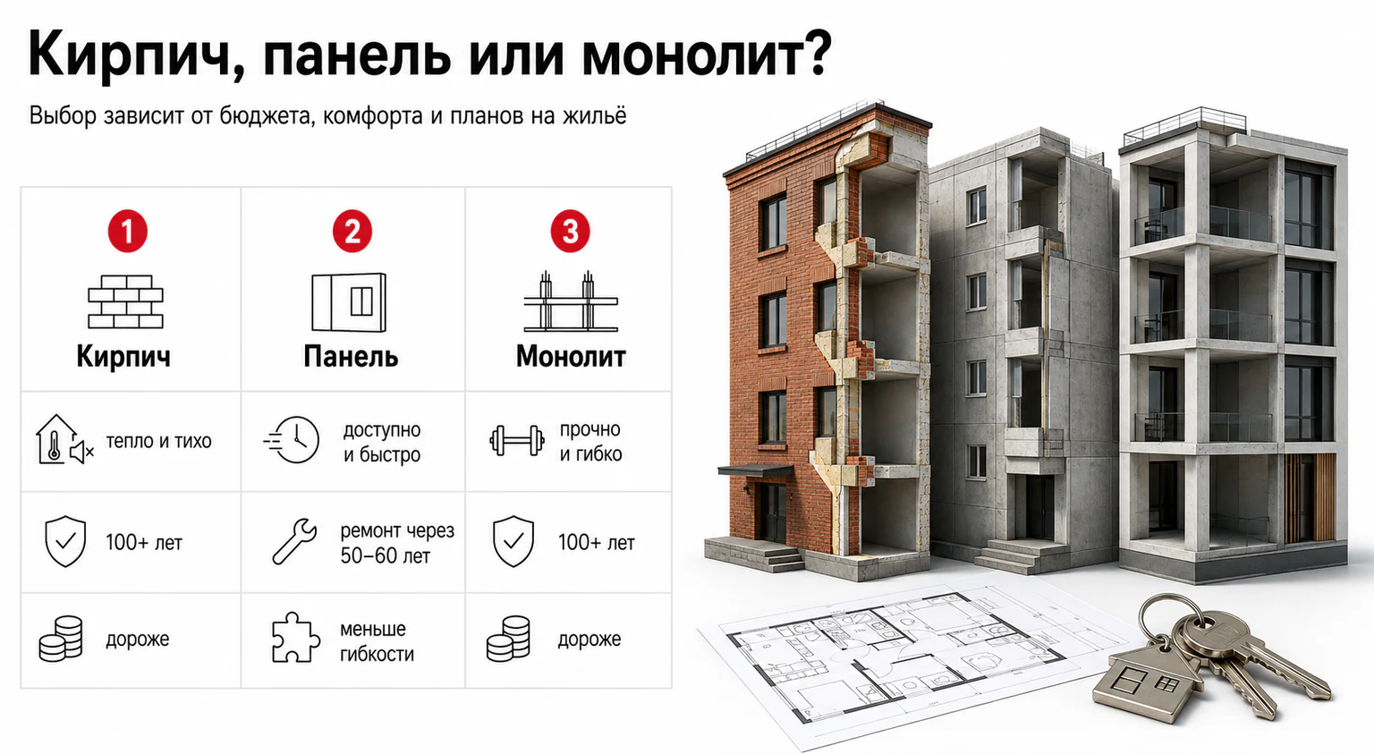 Инфографика: сравнение кирпичного, панельного и монолитного дома