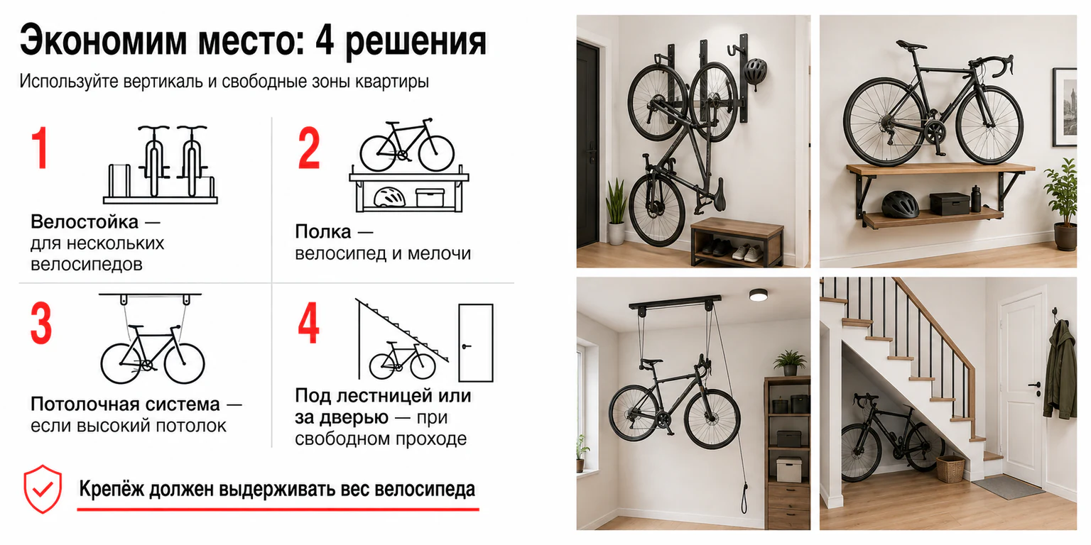 Инфографика: способы сэкономить место для велосипеда