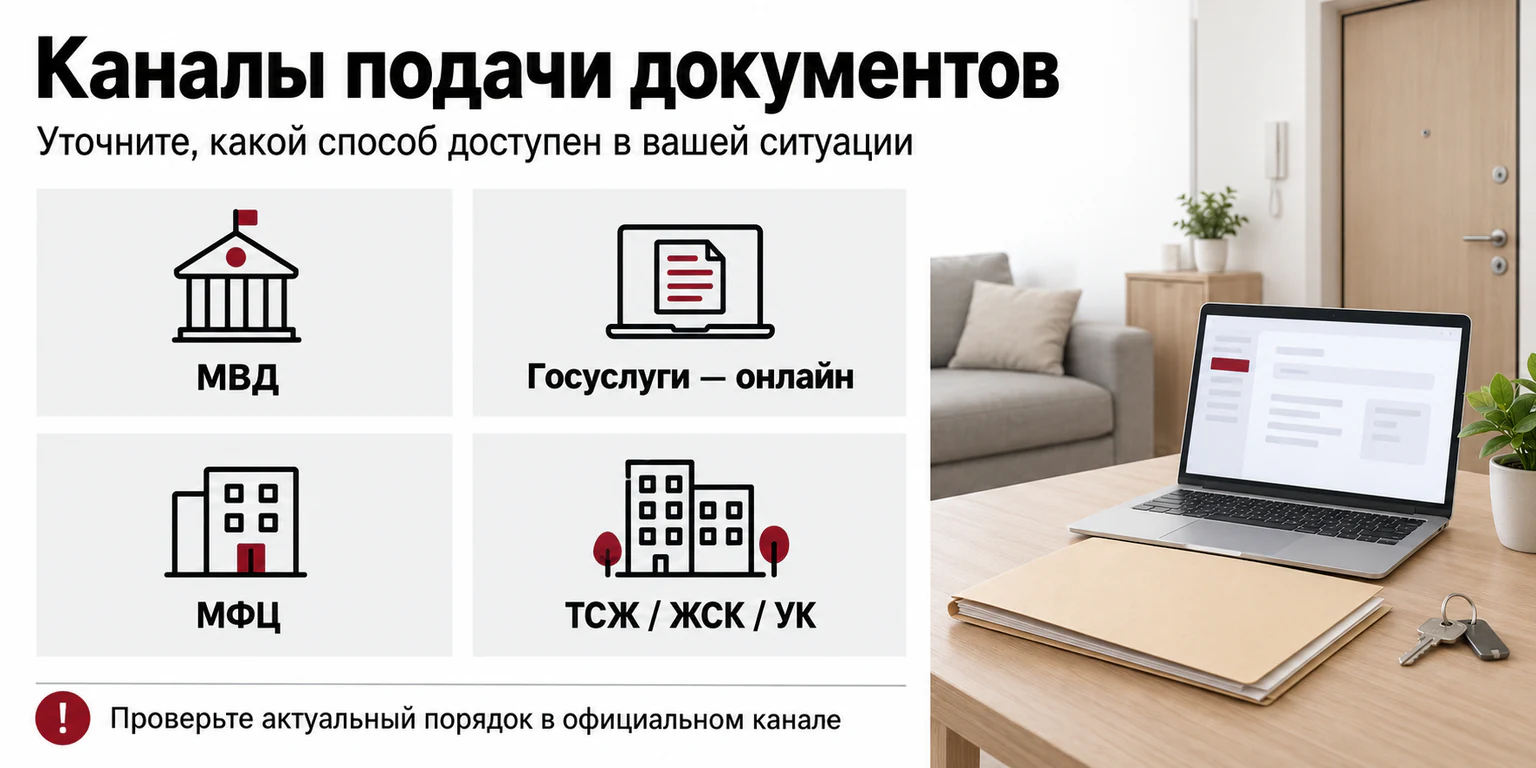 Способы подачи, перечисленные в статье: МВД, Госуслуги, МФЦ, ТСЖ, ЖСК и управляющая компания.