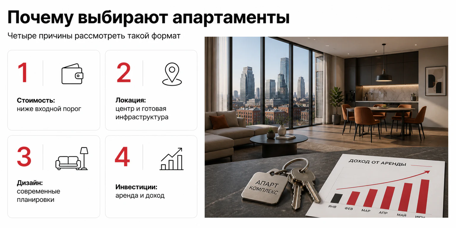 Инфографика: преимущества жизни в апартаментах