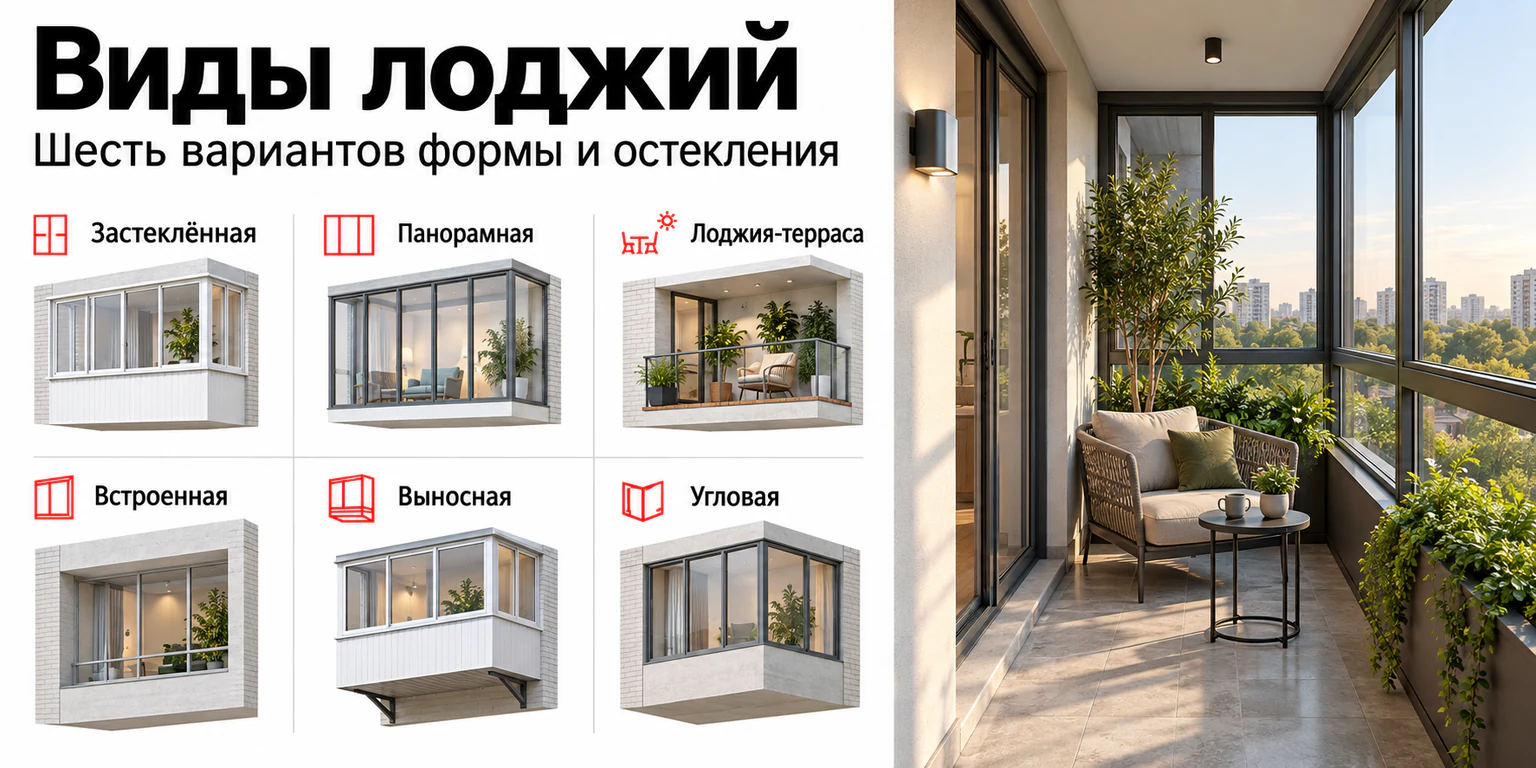 Инфографика: виды лоджий — застеклённая, панорамная, терраса, встроенная, выносная и угловая