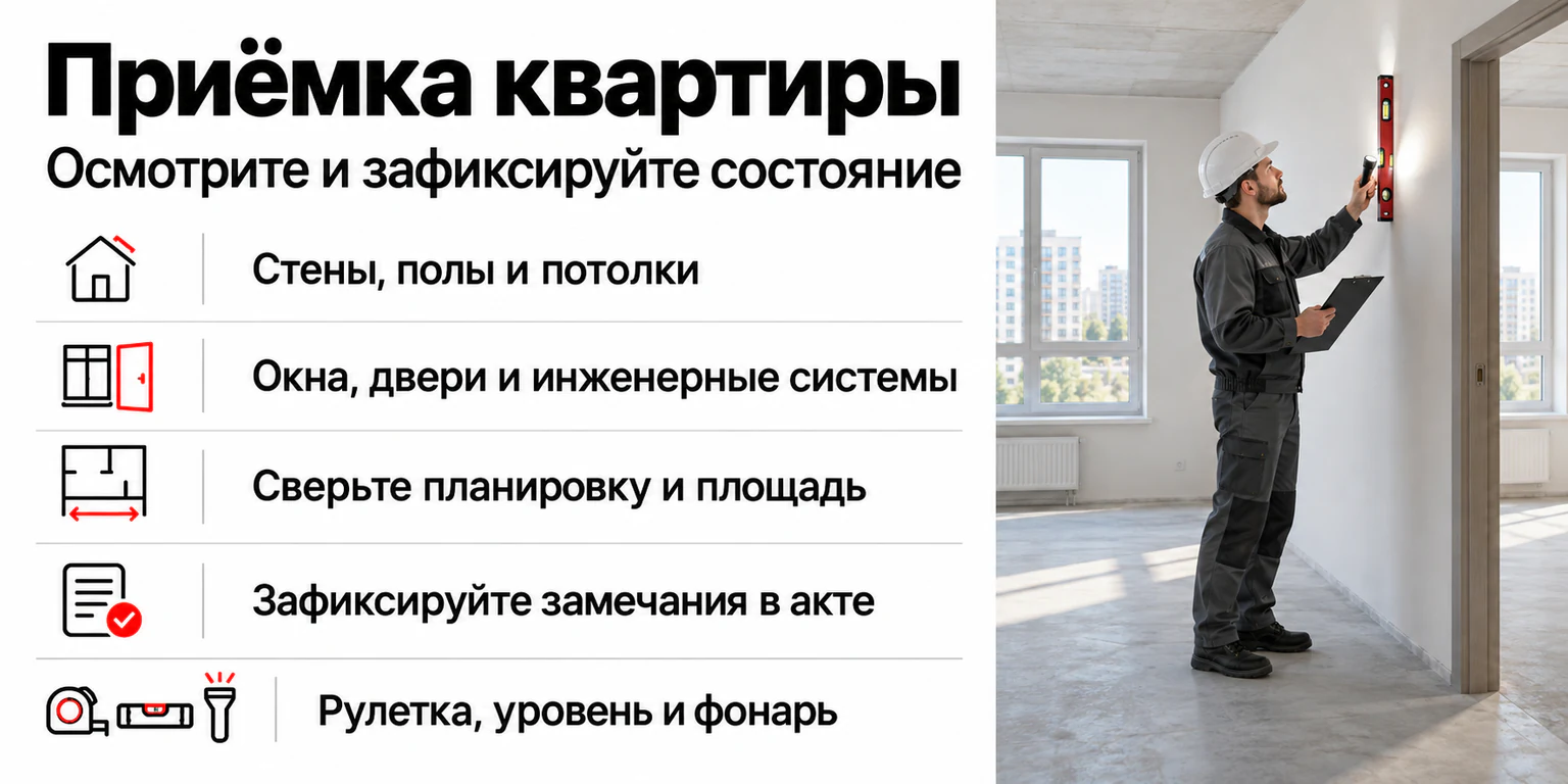 Осмотр квартиры при приемке: отделка, окна, двери, инженерные системы и замечания