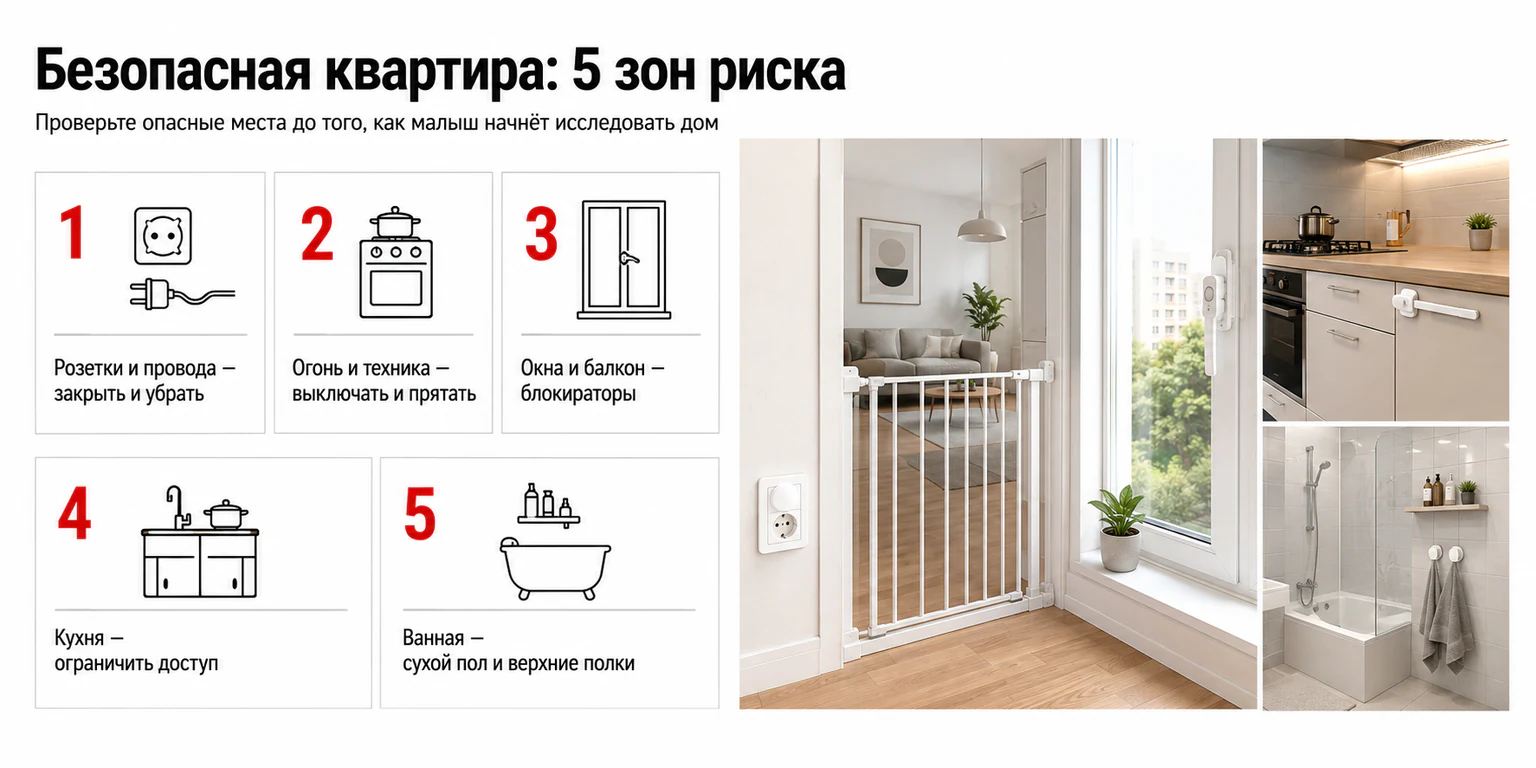 Инфографика: пять зон риска в квартире для ребёнка