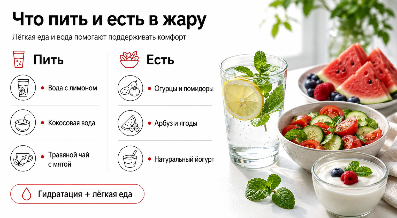 Инфографика: что пить и есть в жару