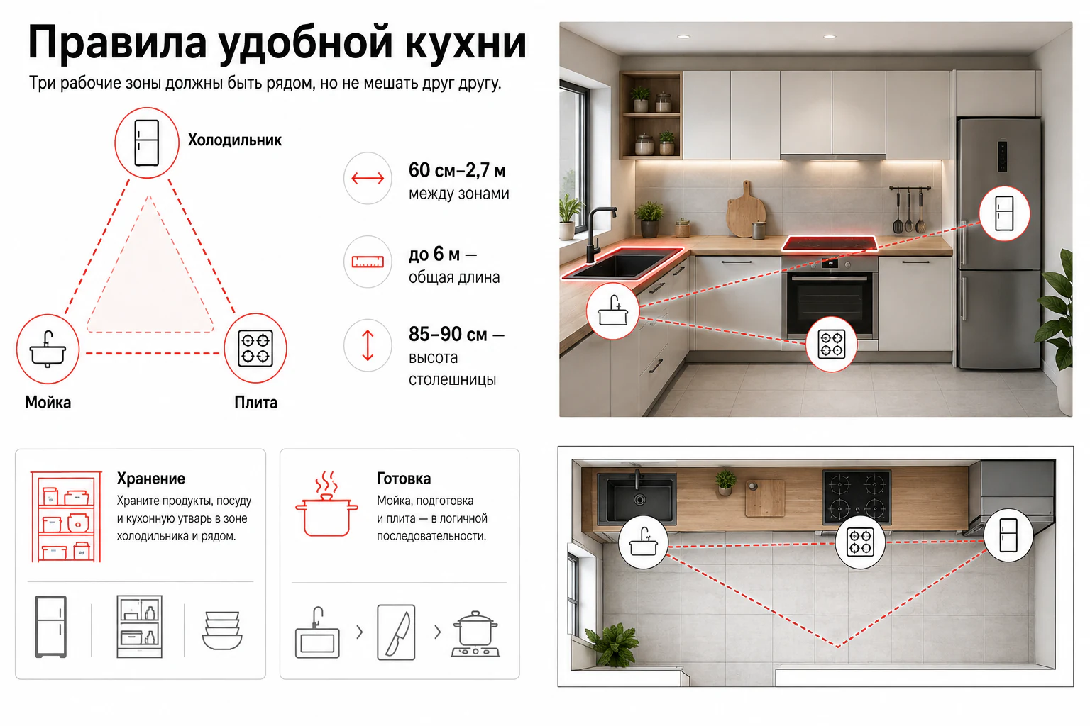 Инфографика: рабочий треугольник и правила удобной кухни