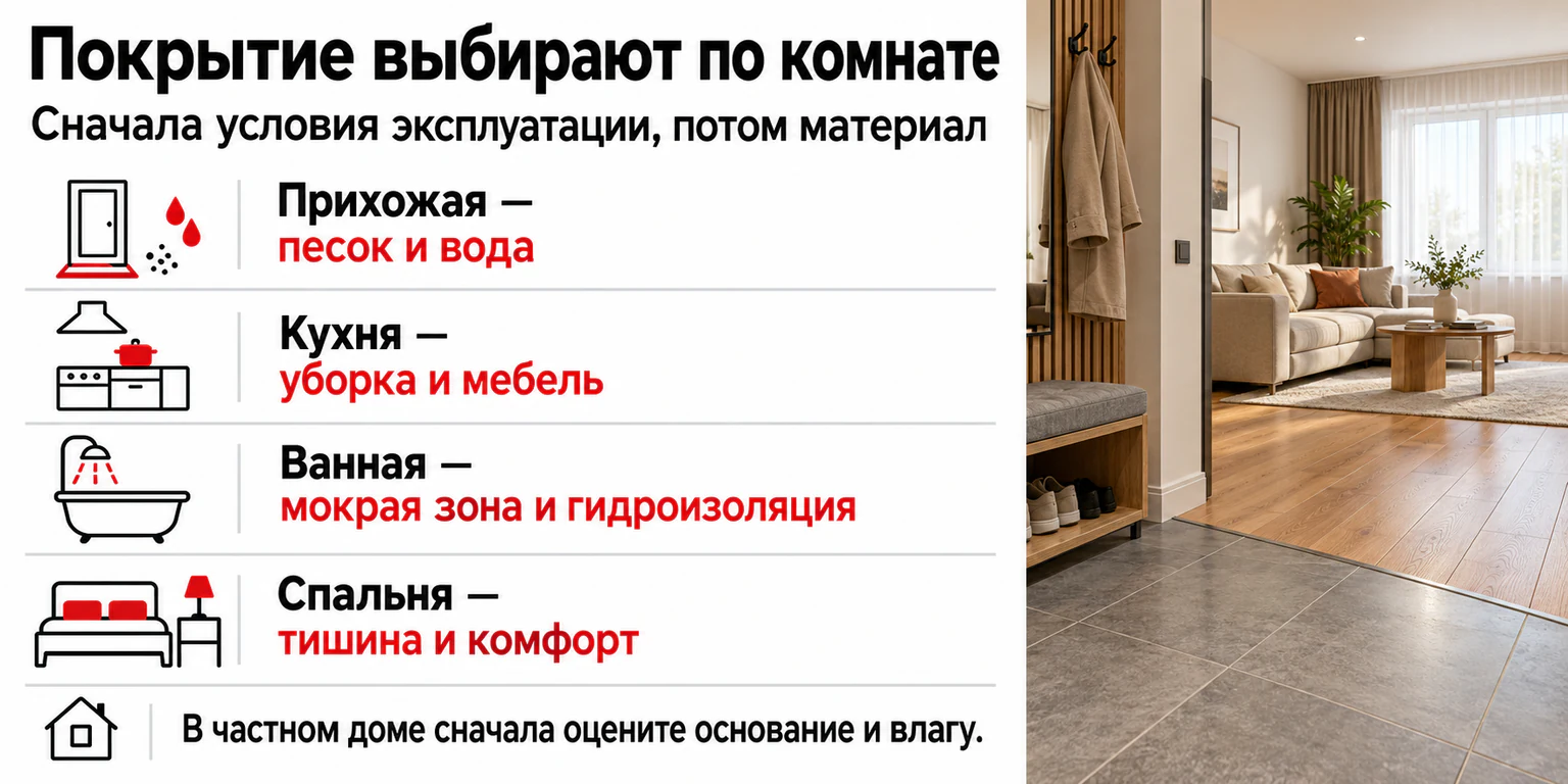 Инфографика: подбор напольного покрытия по комнатам — прихожая, кухня, ванная и спальня