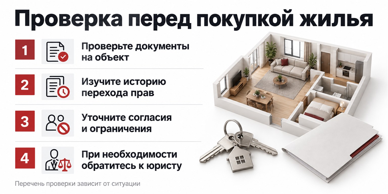 Проверка перед покупкой жилья: документы, история перехода прав, необходимые согласия и ограничения.
