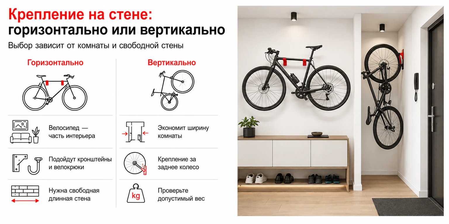 Инфографика: крепление велосипеда на стене