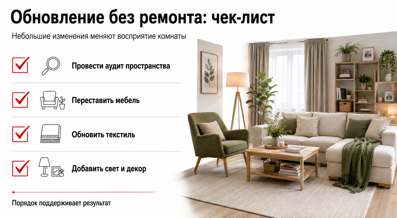 Инфографика: чек-лист обновления интерьера без ремонта
