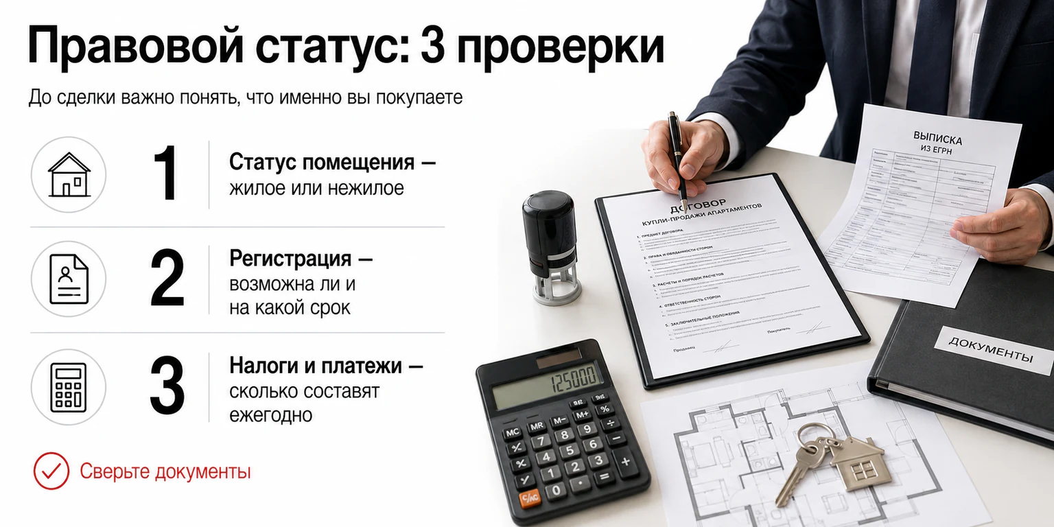 Инфографика: правовой статус апартаментов — три проверки Инфографика: правовой статус апартаментов — три проверки
