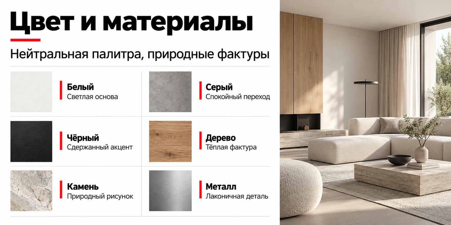 Палитра и материалы минималистичного интерьера: белый, серый, чёрный, дерево, камень и металл