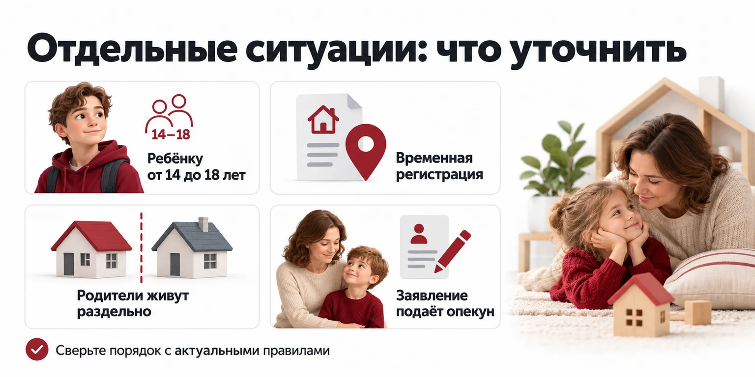 Отдельные ситуации при регистрации ребёнка: временный учёт, возраст старше 14 лет и случаи с опекунством требуют уточнения.