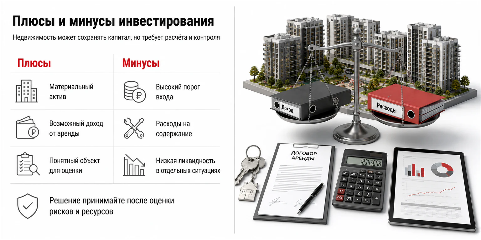 Инфографика: плюсы и минусы инвестирования в недвижимость