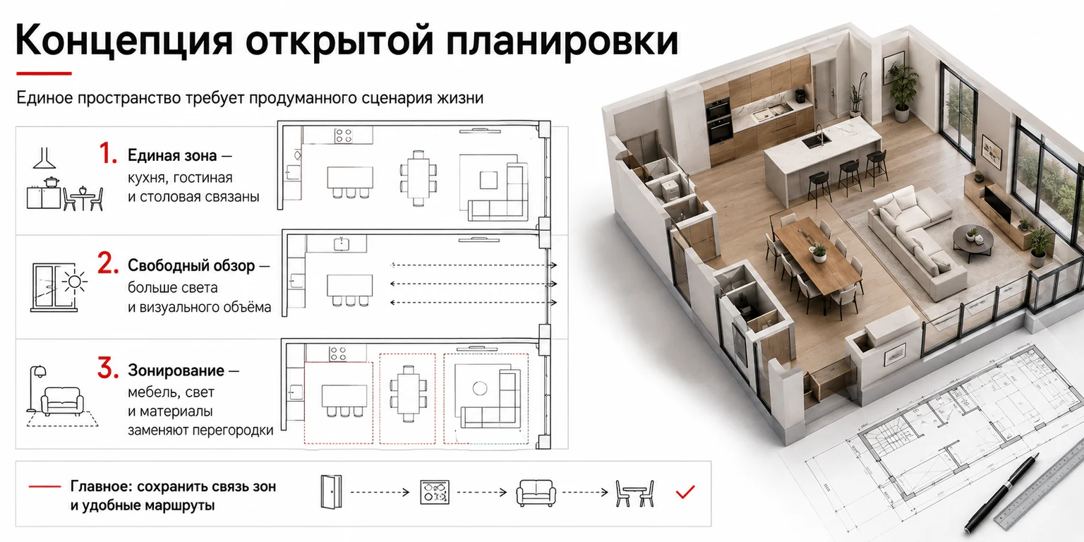 Инфографика: концепция открытой планировки квартиры