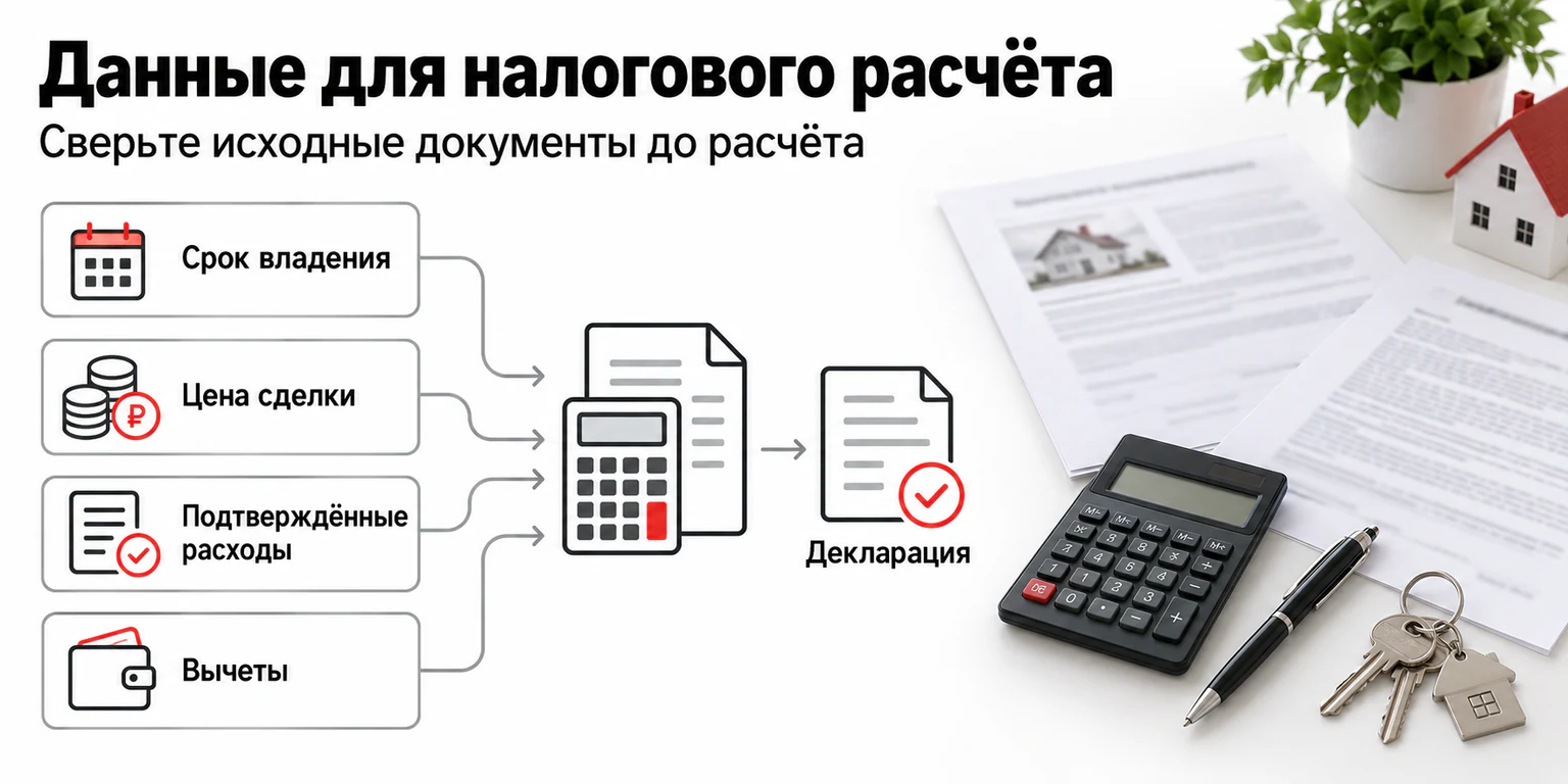 Диаграмма данных для расчёта налога при продаже квартиры: срок владения, цена, расходы, вычеты и декларация