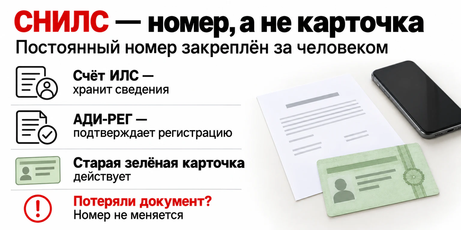 СНИЛС — номер, а не карточка: различие между лицевым счётом, уведомлением АДИ-РЕГ и старой зелёной карточкой.