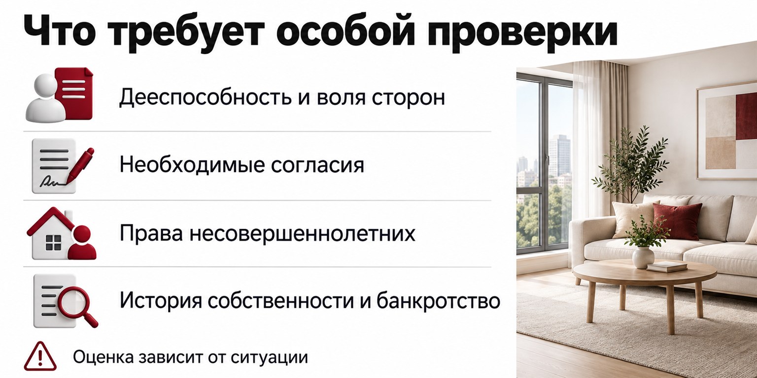 Факторы для проверки перед сделкой: воля сторон, согласия, права несовершеннолетних, история собственности и банкротство.