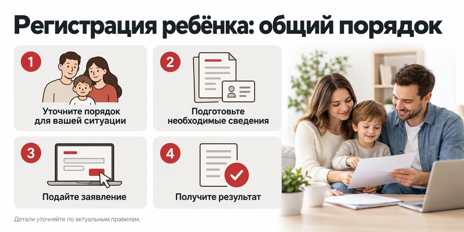 Общий порядок регистрации ребёнка по месту жительства: уточнить правила, подготовить сведения, подать заявление и получить результат.