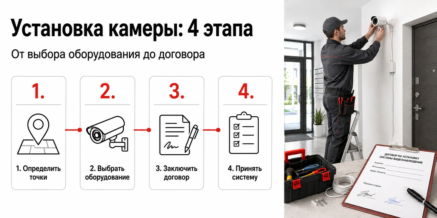 Инфографика: установка камеры в подъезде — четыре этапа