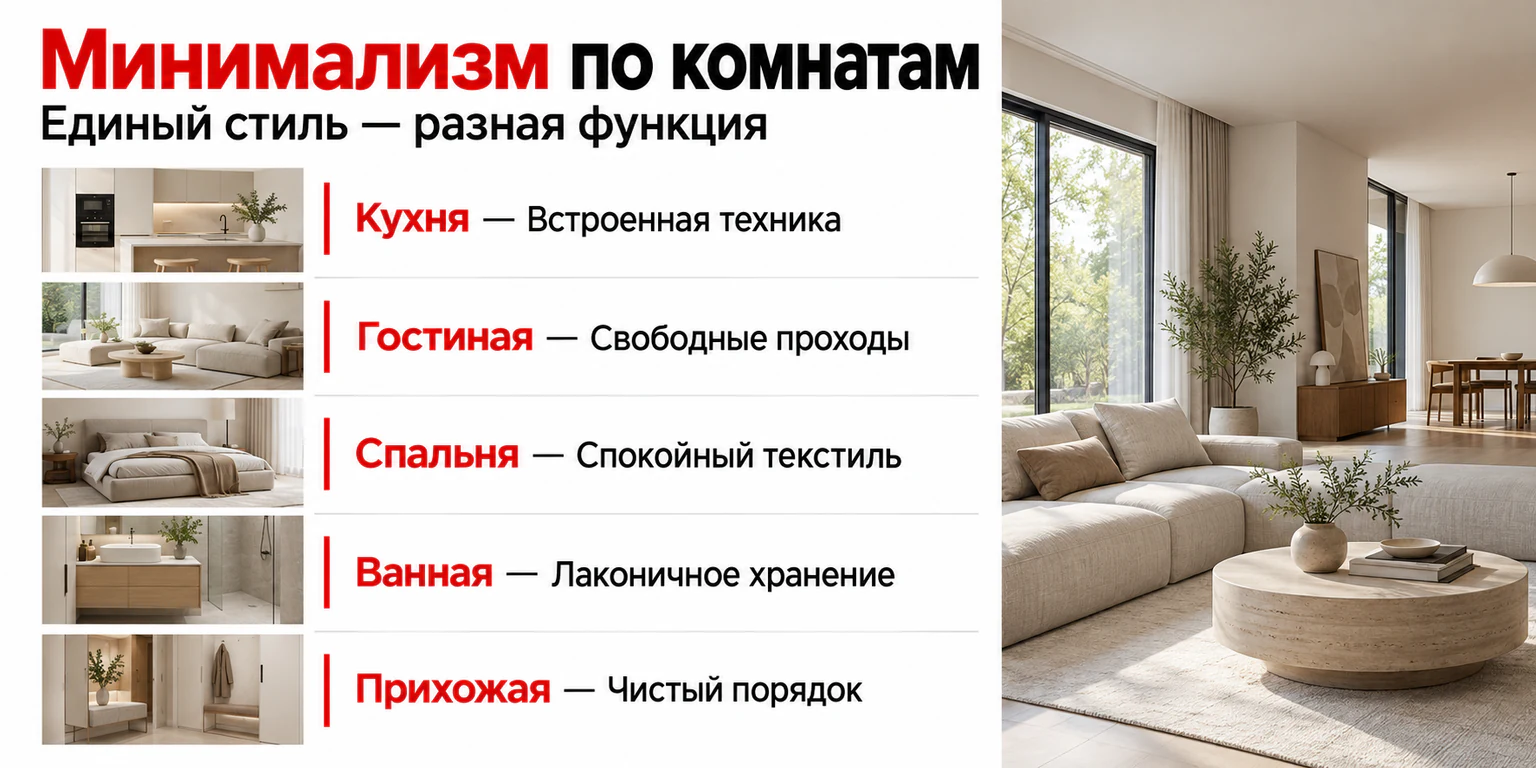 Минимализм в разных комнатах: встроенная техника на кухне, свободные проходы в гостиной, спокойный текстиль в спальне, лаконичное хранение в ванной и порядок в прихожей