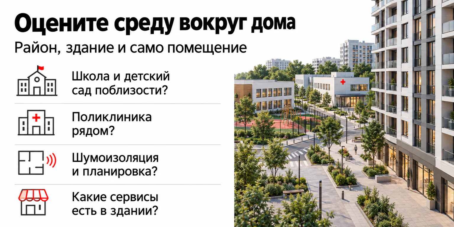 Что проверить в окружении и здании: школа, поликлиника, шумоизоляция и сервисы