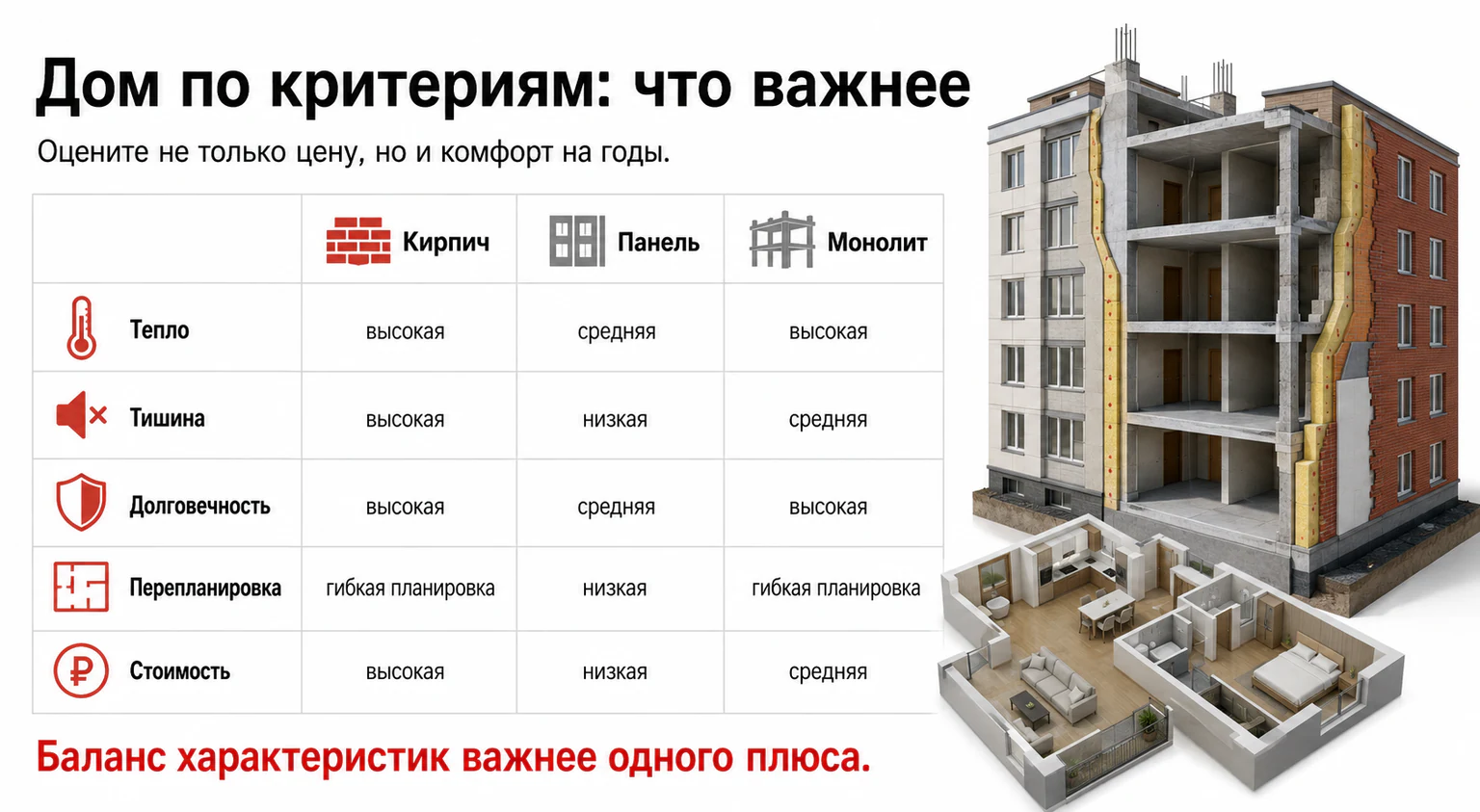 Инфографика: сравнение типов домов по теплу, тишине, долговечности и стоимости
