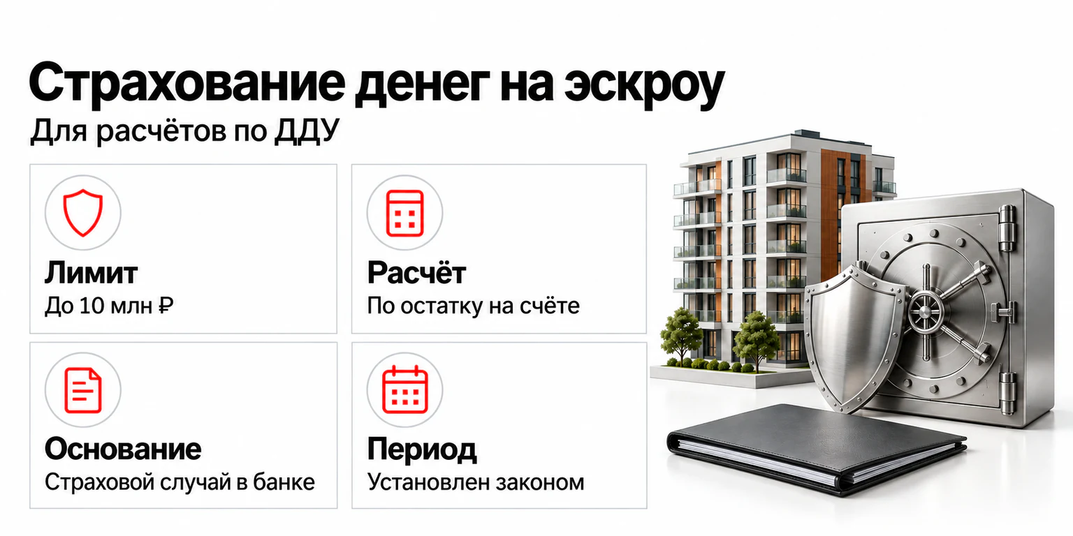 Страхование эскроу по ДДУ: до 10 миллионов рублей по остатку на счёте при страховом случае в банке в установленный законом период