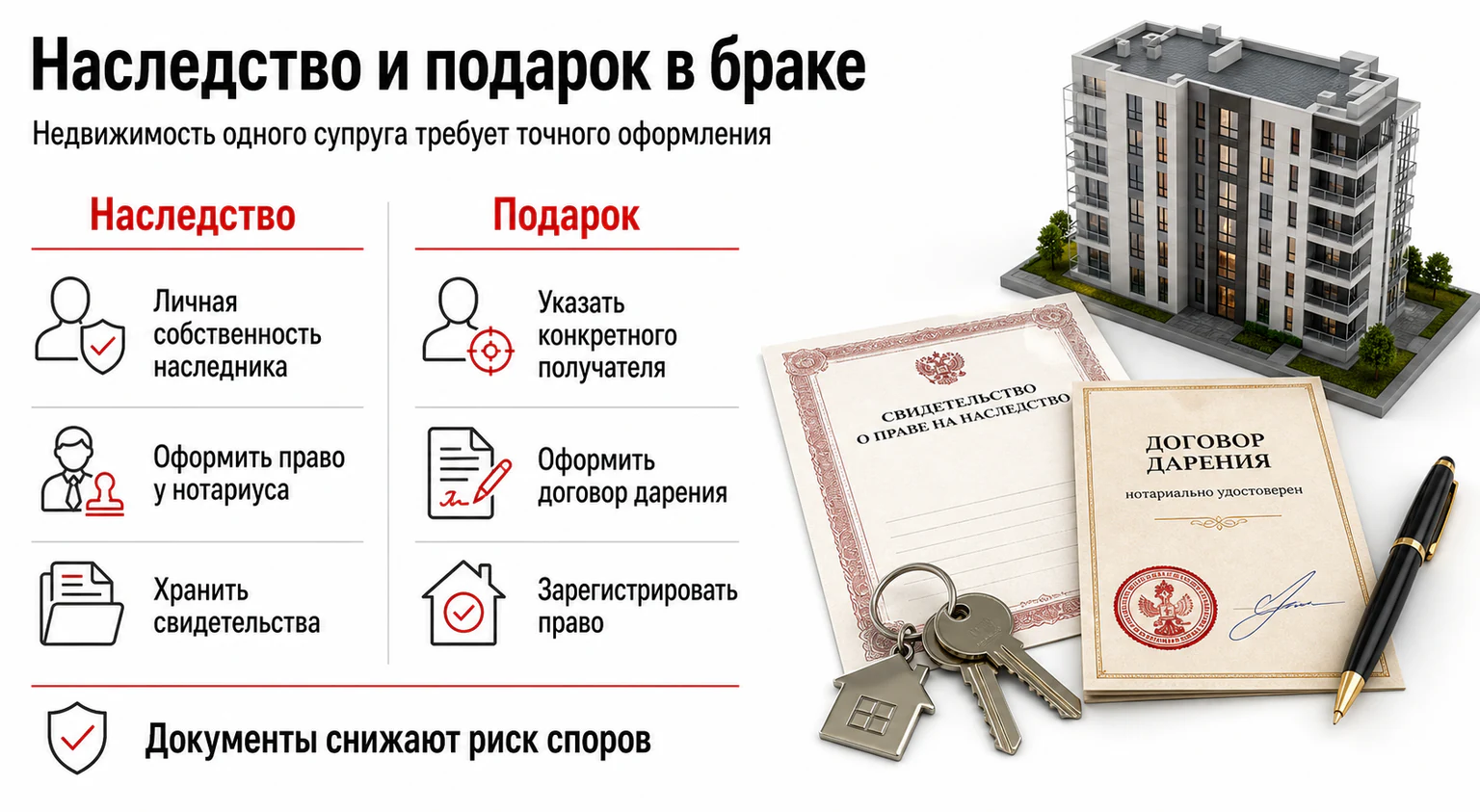 Инфографика: оформление наследства и подарка в браке