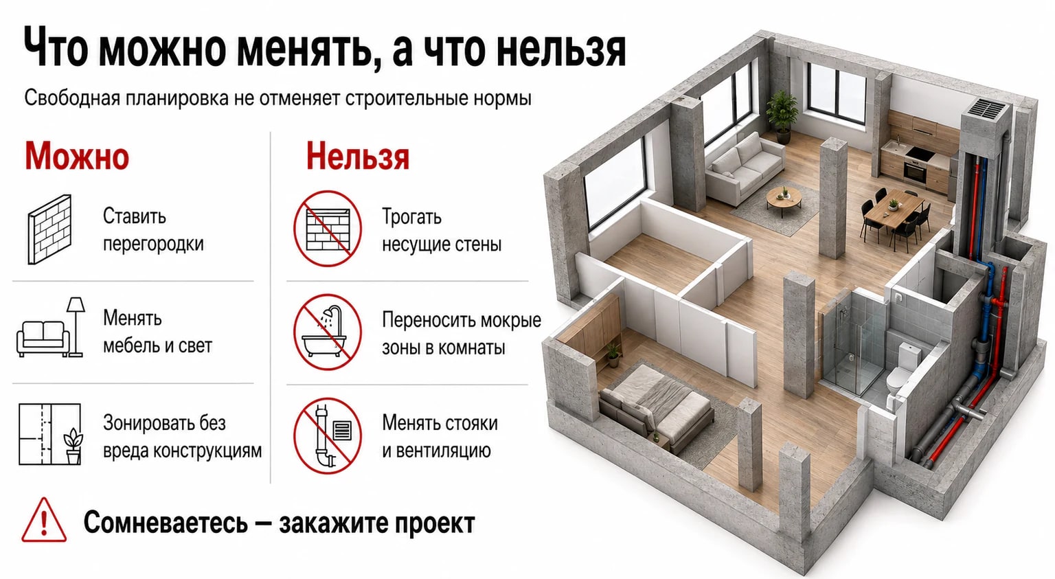 Инфографика: что можно и нельзя менять в свободной планировке Инфографика: что можно и нельзя менять в свободной планировке