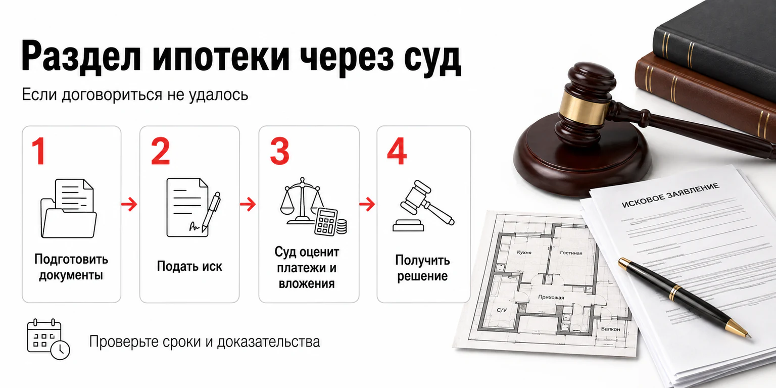 Инфографика: порядок раздела ипотеки через суд