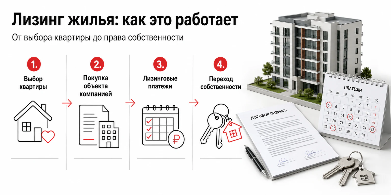 Инфографика: как работает лизинг жилья — от выбора квартиры до собственности