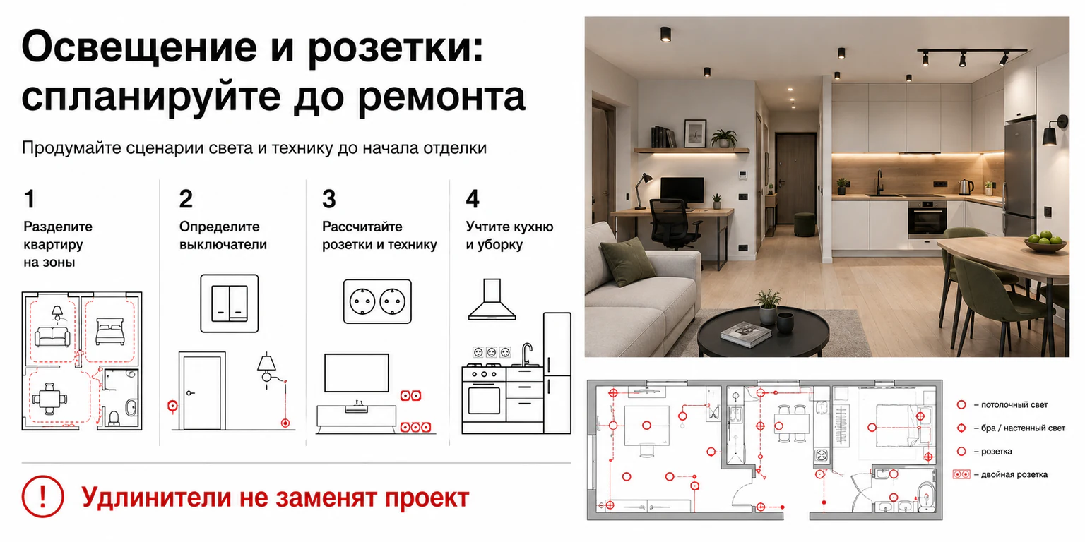 Инфографика: освещение и розетки в квартире